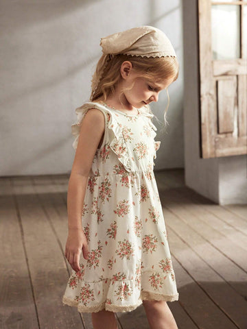 Cozy Cub Young Girl's Floral Pattern Knitted Soft Waist-Cinching Dress With Round Neck And Ruffled Hem