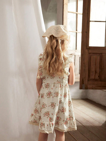 Cozy Cub Young Girl's Floral Pattern Knitted Soft Waist-Cinching Dress With Round Neck And Ruffled Hem