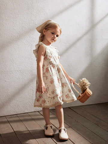 Cozy Cub Young Girl's Floral Pattern Knitted Soft Waist-Cinching Dress With Round Neck And Ruffled Hem