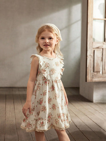 Cozy Cub Young Girl's Floral Pattern Knitted Soft Waist-Cinching Dress With Round Neck And Ruffled Hem