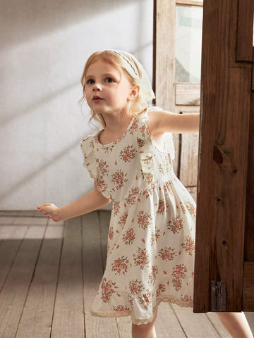 Cozy Cub Young Girl's Floral Pattern Knitted Soft Waist-Cinching Dress With Round Neck And Ruffled Hem