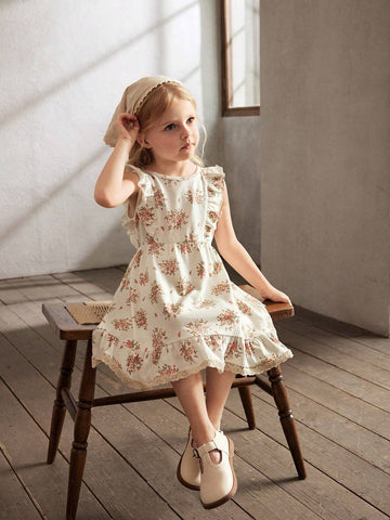 Cozy Cub Young Girl's Floral Pattern Knitted Soft Waist-Cinching Dress With Round Neck And Ruffled Hem