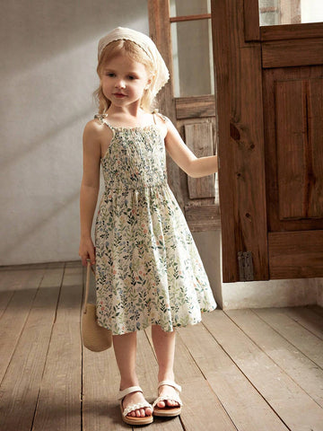 Cozy Cub Young Girl's Romantic Floral Printed Strappy Cinched Waist Dress