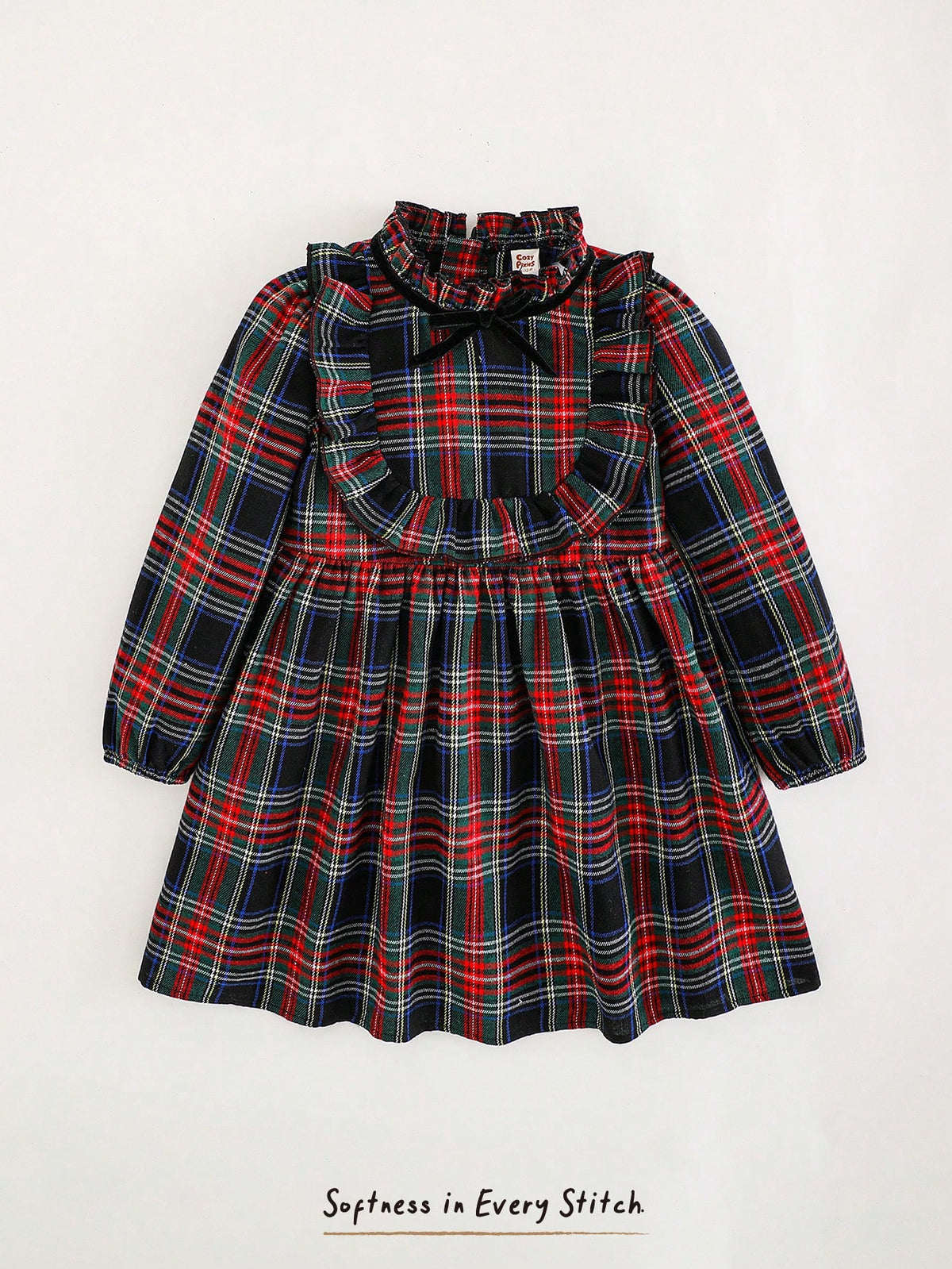 Cozy Pixies Girls Plaid Bow Decor Round Neck Ruffle Hem Waist Fitted Long Sleeve Dress