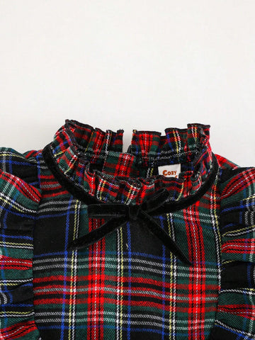 Cozy Pixies Girls Plaid Bow Decor Round Neck Ruffle Hem Waist Fitted Long Sleeve Dress