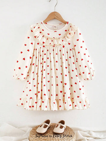 Cozy Pixies Infant Girl Ditsy Floral Bow Decor Round Neck Ruffle Hem Waist Fitted Long Sleeve Dress
