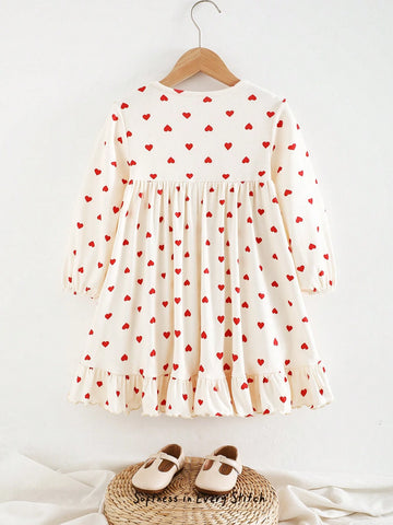 Cozy Pixies Infant Girl Ditsy Floral Bow Decor Round Neck Ruffle Hem Waist Fitted Long Sleeve Dress