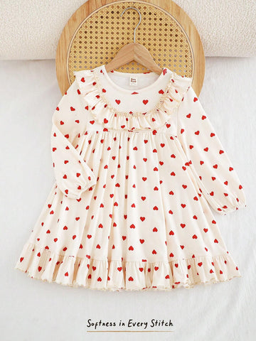 Cozy Pixies Infant Girl Ditsy Floral Bow Decor Round Neck Ruffle Hem Waist Fitted Long Sleeve Dress