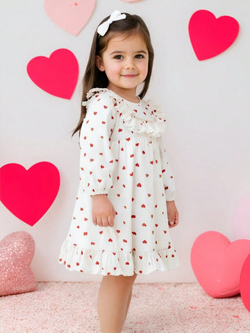 Cozy Pixies Infant Girl Ditsy Floral Bow Decor Round Neck Ruffle Hem Waist Fitted Long Sleeve Dress
