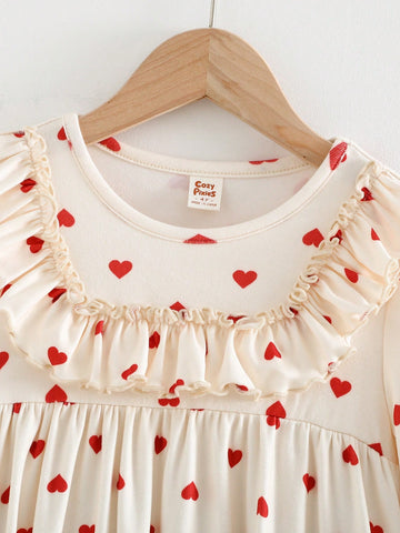 Cozy Pixies Infant Girl Ditsy Floral Bow Decor Round Neck Ruffle Hem Waist Fitted Long Sleeve Dress