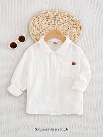 Young Boy Plain Collar Long Sleeve Half-Zip Pullover Casual Top