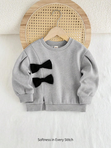 Cozy Pixies Young Girl 3D Bowknot Crew Neck Small Drop Shoulder Hoodie