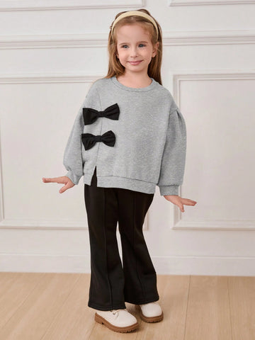 Cozy Pixies Young Girl 3D Bowknot Crew Neck Small Drop Shoulder Hoodie