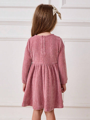 Young Girl Casual Round Neck Ruffled Hem Long Sleeve Waisted Dress