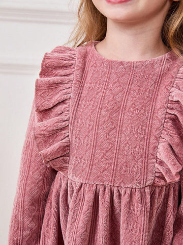 Young Girl Casual Round Neck Ruffled Hem Long Sleeve Waisted Dress