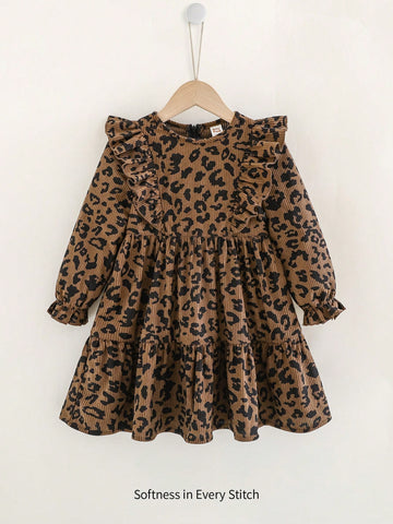 Young Girl Colorful Floral Pattern Round Neck Ruffle Hem Waist Cinched Long Sleeve Dress