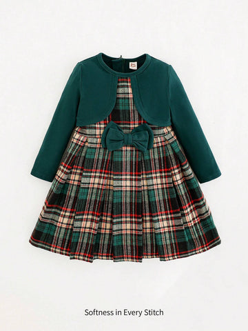 Young Girl Colorful Plaid Contrast Color Waist Long Sleeve 2 In 1 Dress