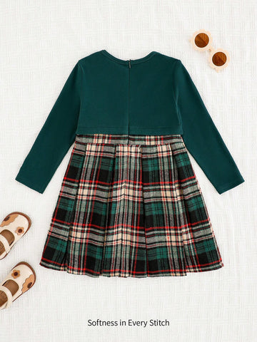 Young Girl Colorful Plaid Contrast Color Waist Long Sleeve 2 In 1 Dress