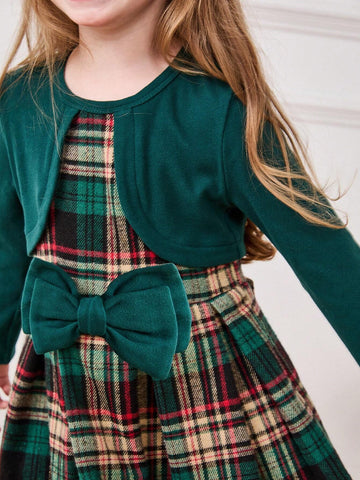 Young Girl Colorful Plaid Contrast Color Waist Long Sleeve 2 In 1 Dress