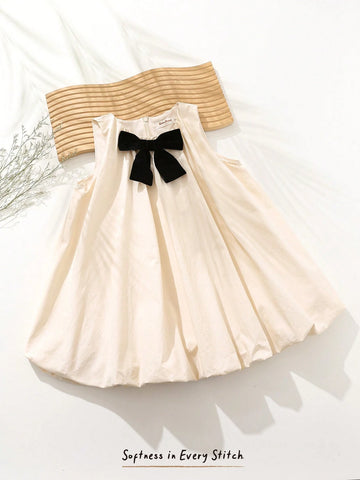 Young Girl Decorative Bow Round Neck Sleeveless Casual Versatile Dress