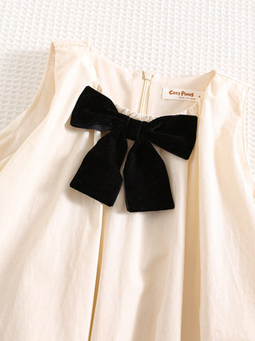 Young Girl Decorative Bow Round Neck Sleeveless Casual Versatile Dress