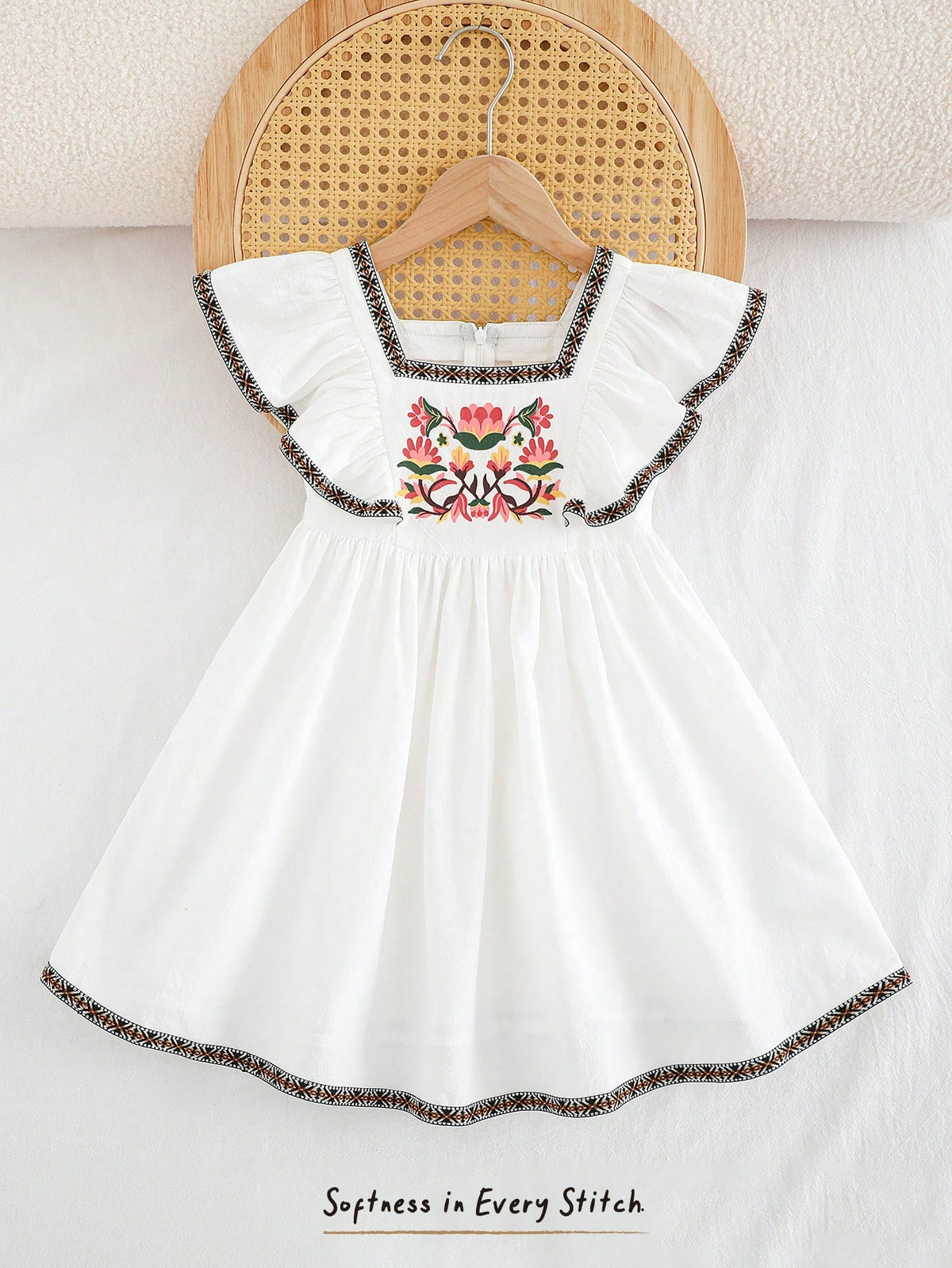 Cozy Pixies Young Girl Floral Print Cinched Waist Ruffle Collar Casual Short Sleeve A-Line Dress