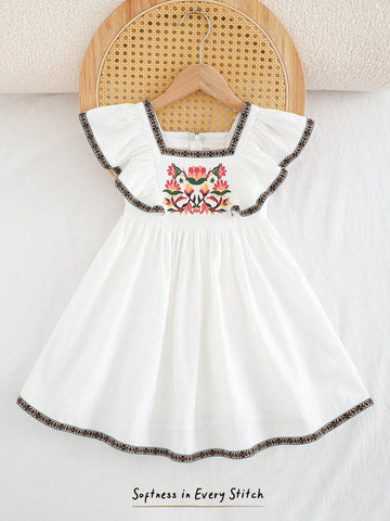 Cozy Pixies Young Girl Floral Print Cinched Waist Ruffle Collar Casual Short Sleeve A-Line Dress