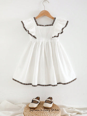 Cozy Pixies Young Girl Floral Print Cinched Waist Ruffle Collar Casual Short Sleeve A-Line Dress