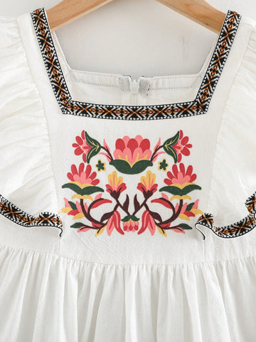 Cozy Pixies Young Girl Floral Print Cinched Waist Ruffle Collar Casual Short Sleeve A-Line Dress