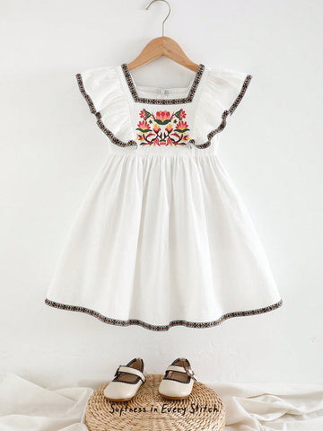 Cozy Pixies Young Girl Floral Print Cinched Waist Ruffle Collar Casual Short Sleeve A-Line Dress