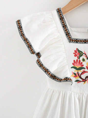 Cozy Pixies Young Girl Floral Print Cinched Waist Ruffle Collar Casual Short Sleeve A-Line Dress