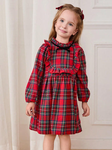 Cozy Pixies Young Girl Red Black Plaid Bow Decor Round Neck Ruffle Waist Long Sleeve Dress