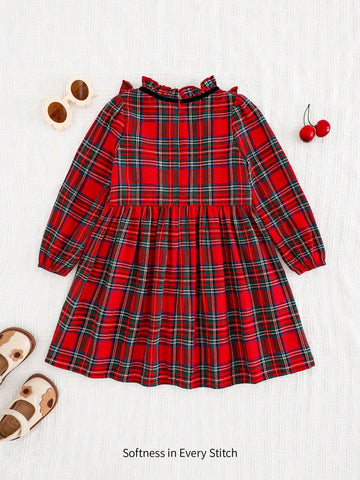 Cozy Pixies Young Girl Red Black Plaid Bow Decor Round Neck Ruffle Waist Long Sleeve Dress