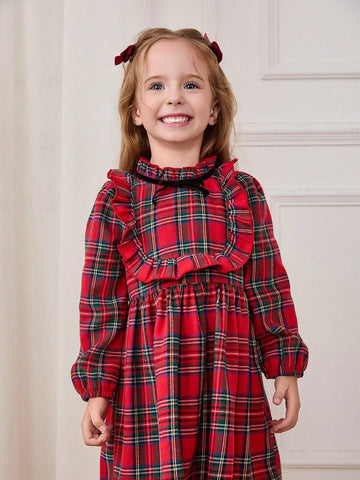 Cozy Pixies Young Girl Red Black Plaid Bow Decor Round Neck Ruffle Waist Long Sleeve Dress