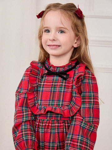 Cozy Pixies Young Girl Red Black Plaid Bow Decor Round Neck Ruffle Waist Long Sleeve Dress