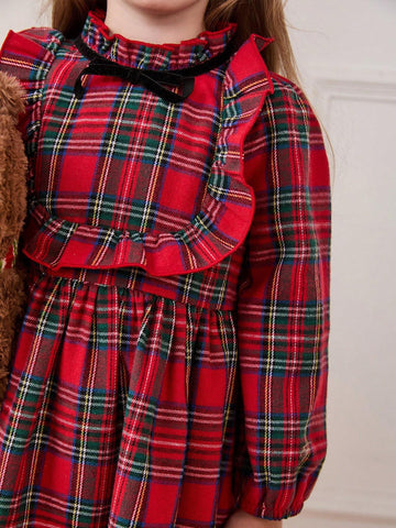 Cozy Pixies Young Girl Red Black Plaid Bow Decor Round Neck Ruffle Waist Long Sleeve Dress