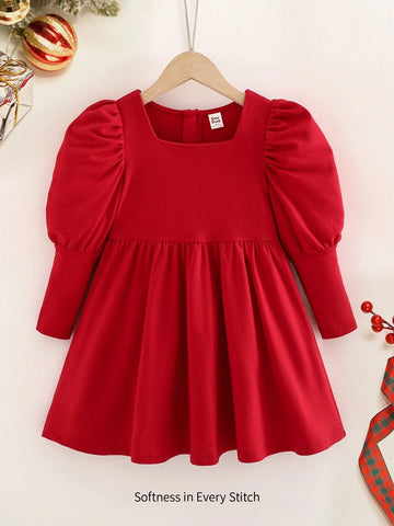Young Girl Red Solid Color Soft Knit Round Neck Puff Sleeve Cinched Waist Dress, Suitable For Spring, Autumn, Winter