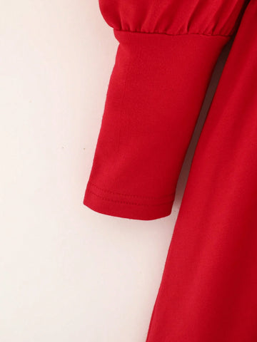 Young Girl Red Solid Color Soft Knit Round Neck Puff Sleeve Cinched Waist Dress, Suitable For Spring, Autumn, Winter