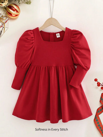 Young Girl Red Solid Color Soft Knit Round Neck Puff Sleeve Cinched Waist Dress, Suitable For Spring, Autumn, Winter