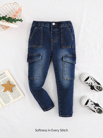Cozy Pixies Young Girls' Retro Washed Elastic Waist Soft Flap Pocket Cargo Jeans Pants