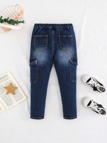 Cozy Pixies Young Girls' Retro Washed Elastic Waist Soft Flap Pocket Cargo Jeans Pants