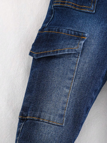 Cozy Pixies Young Girls' Retro Washed Elastic Waist Soft Flap Pocket Cargo Jeans Pants