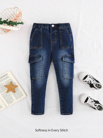 Cozy Pixies Young Girls' Retro Washed Elastic Waist Soft Flap Pocket Cargo Jeans Pants