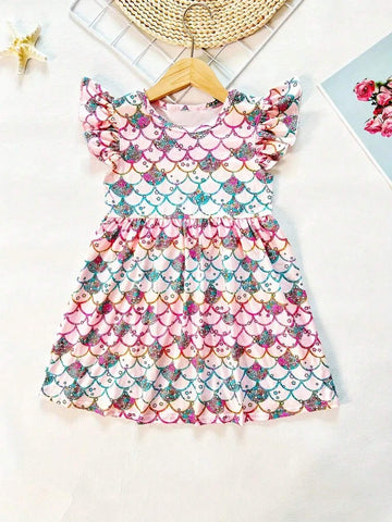 Creative Fish Scale & Donut & Cartoon Farm Graphic Flutter Trim Dress For Girls Summer Party
