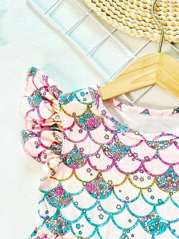 Creative Fish Scale & Donut & Cartoon Farm Graphic Flutter Trim Dress For Girls Summer Party