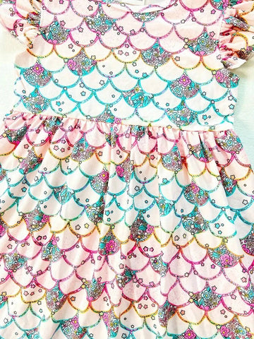 Creative Fish Scale & Donut & Cartoon Farm Graphic Flutter Trim Dress For Girls Summer Party