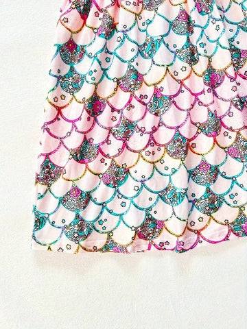 Creative Fish Scale & Donut & Cartoon Farm Graphic Flutter Trim Dress For Girls Summer Party