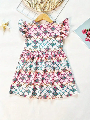 Creative Fish Scale & Donut & Cartoon Farm Graphic Flutter Trim Dress For Girls Summer Party