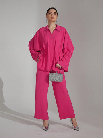 Crinkled Oversized Shirt & Pant Matching Sets Mature Women Fushcia Comfy Outfits