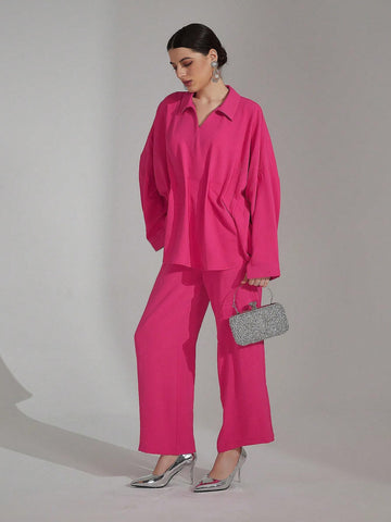 Crinkled Oversized Shirt & Pant Matching Sets Mature Women Fushcia Comfy Outfits